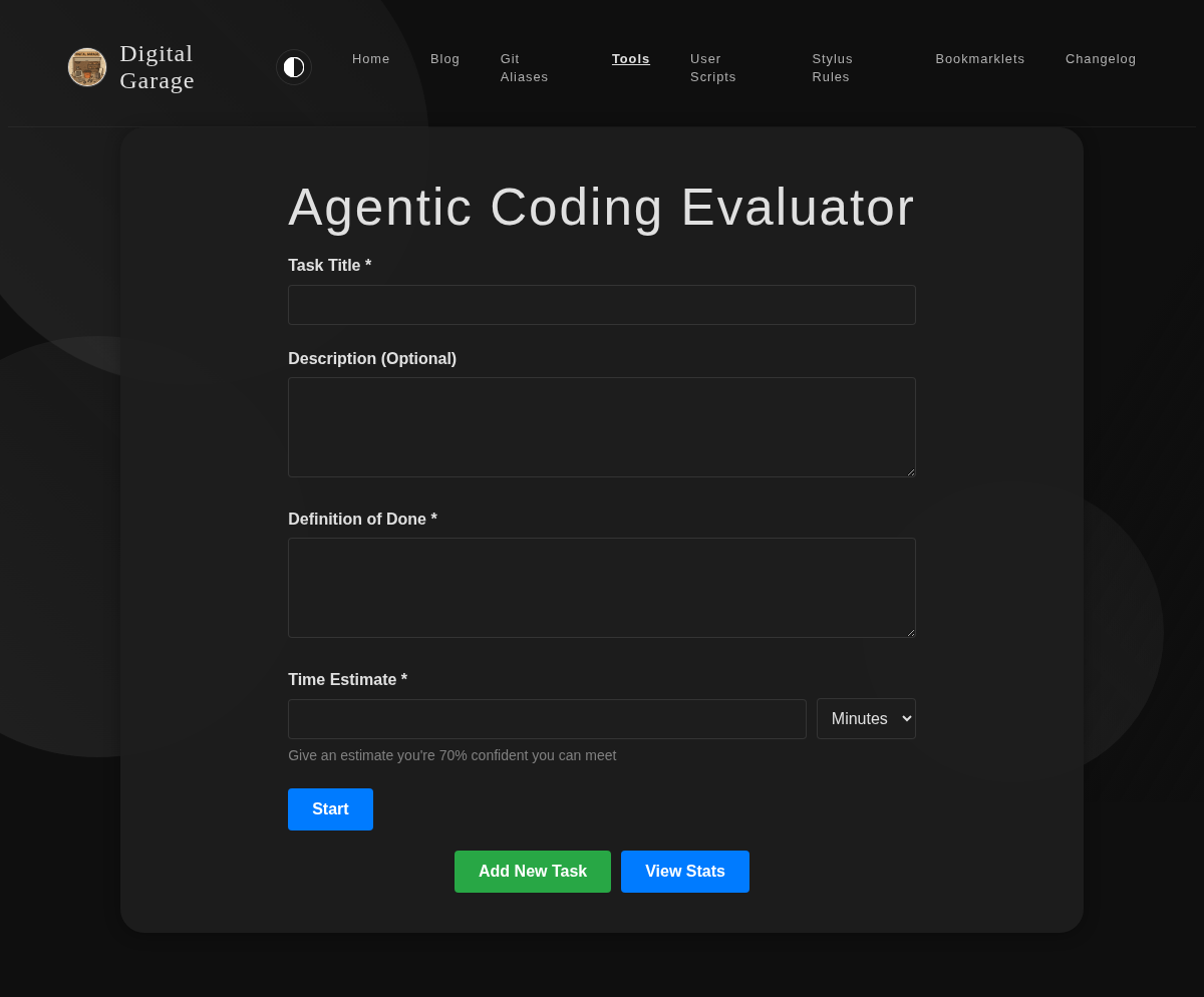 Screenshot of Agentic Coding Evaluator v1.1.0 in dark mode