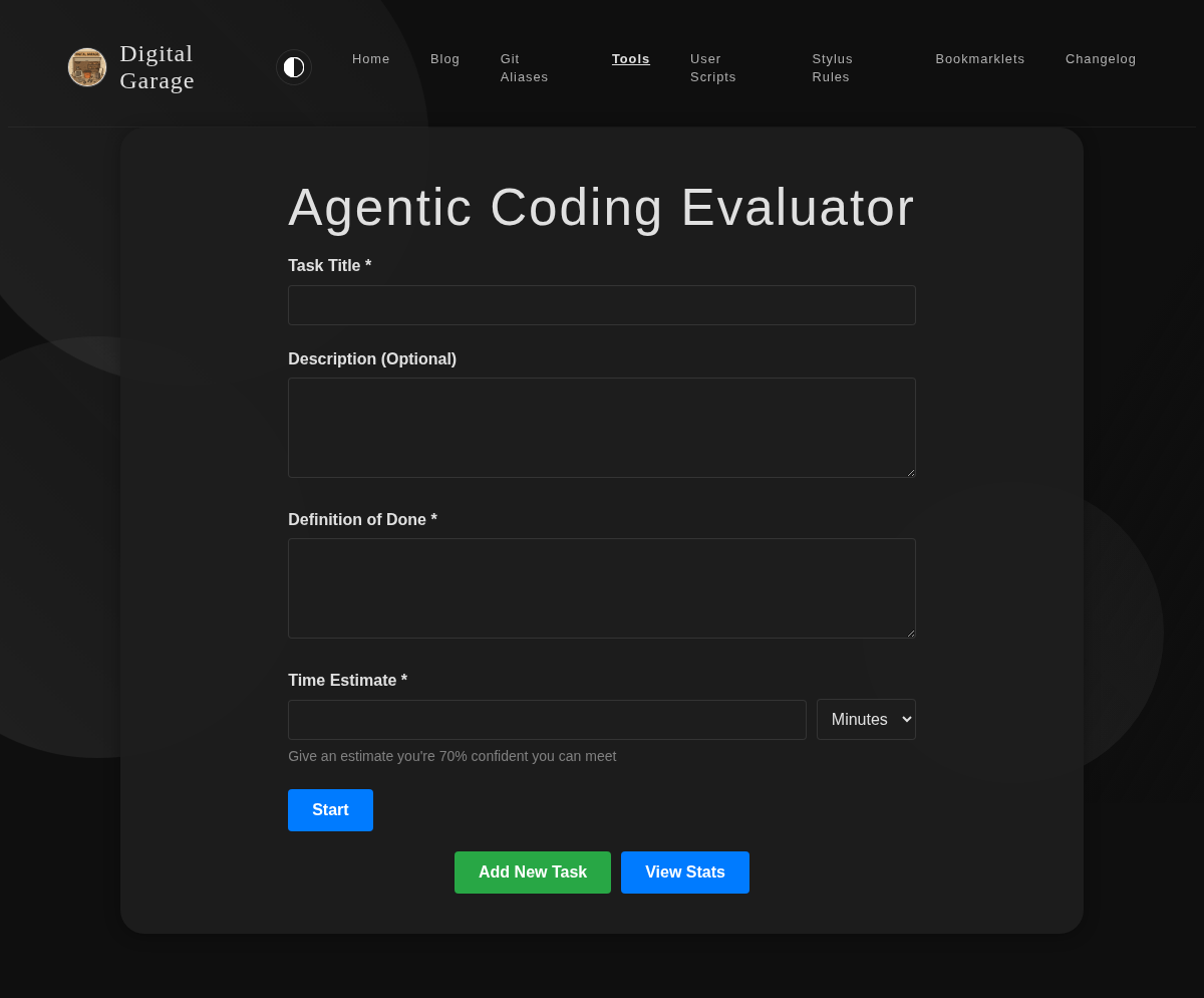Screenshot of Agentic Coding Evaluator v1.2.0 in dark mode