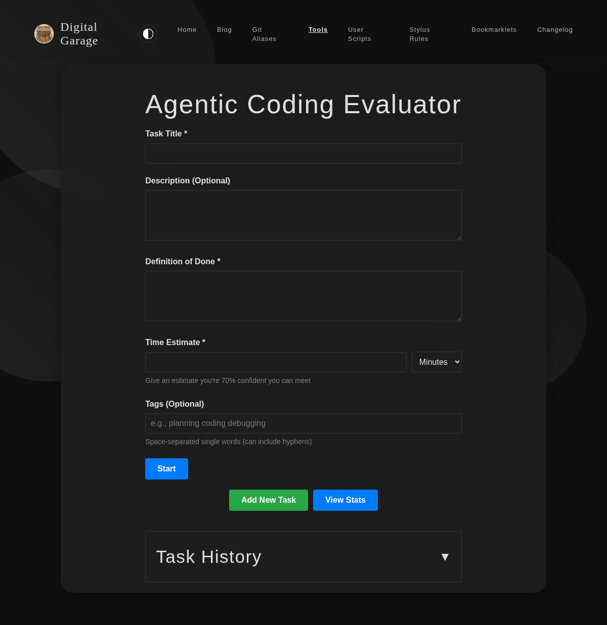 Screenshot of Agentic Coding Evaluator in dark mode