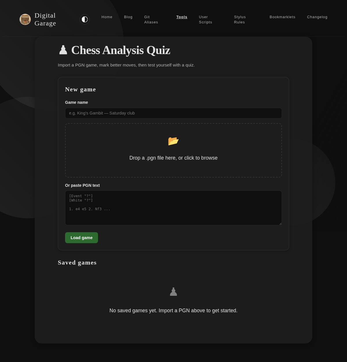 Screenshot of Chess Analysis Quiz in dark mode