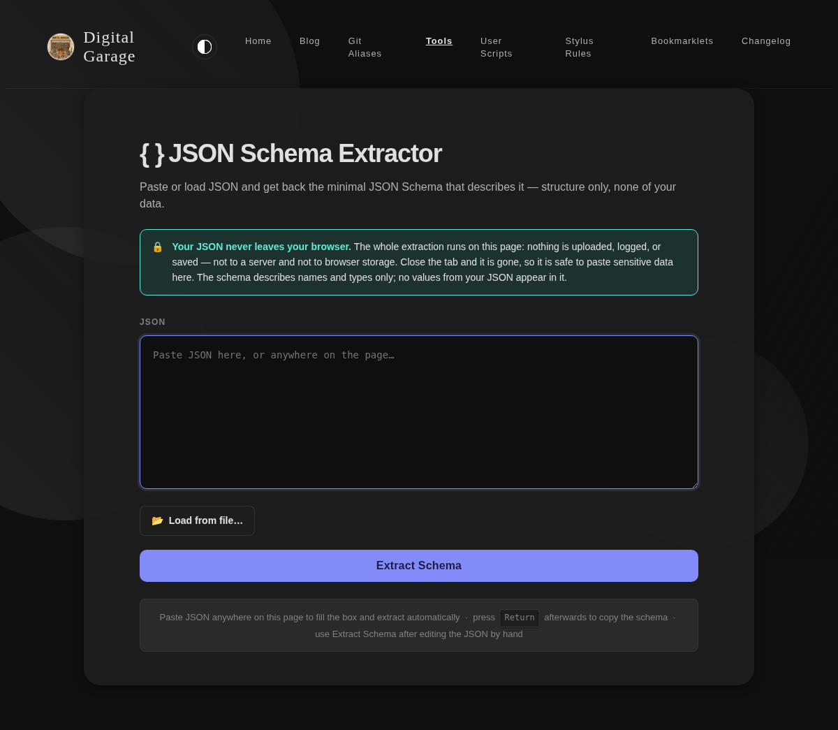 Screenshot of JSON Schema Extractor in dark mode
