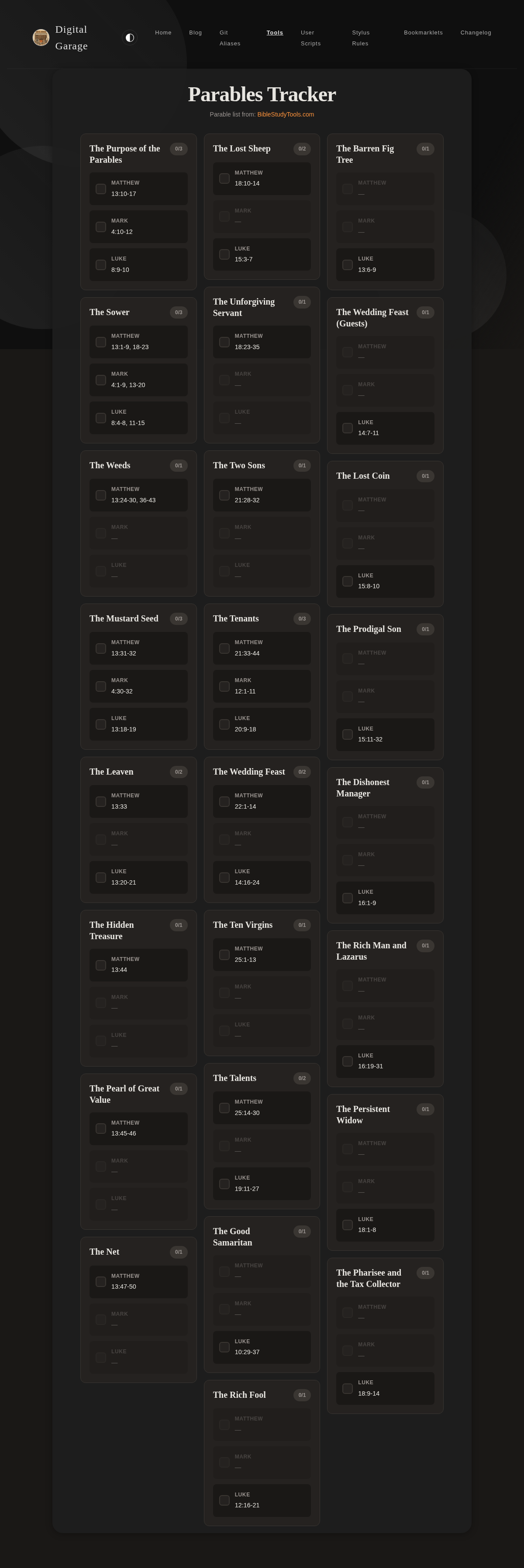 Screenshot of Parables Tracker v1.0.0 in dark mode