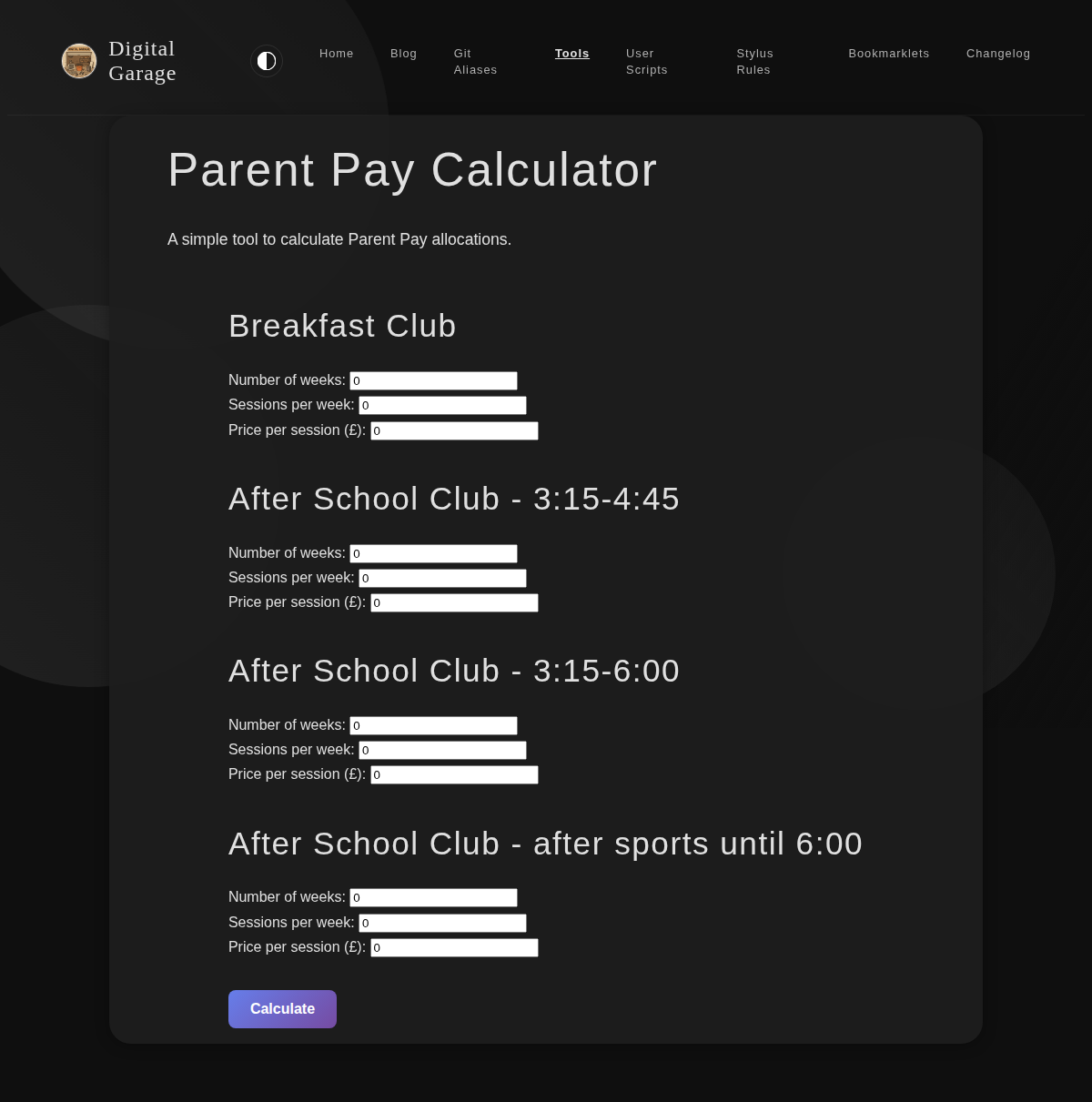 Screenshot of Parent Pay Calculator v1.4.0 in dark mode