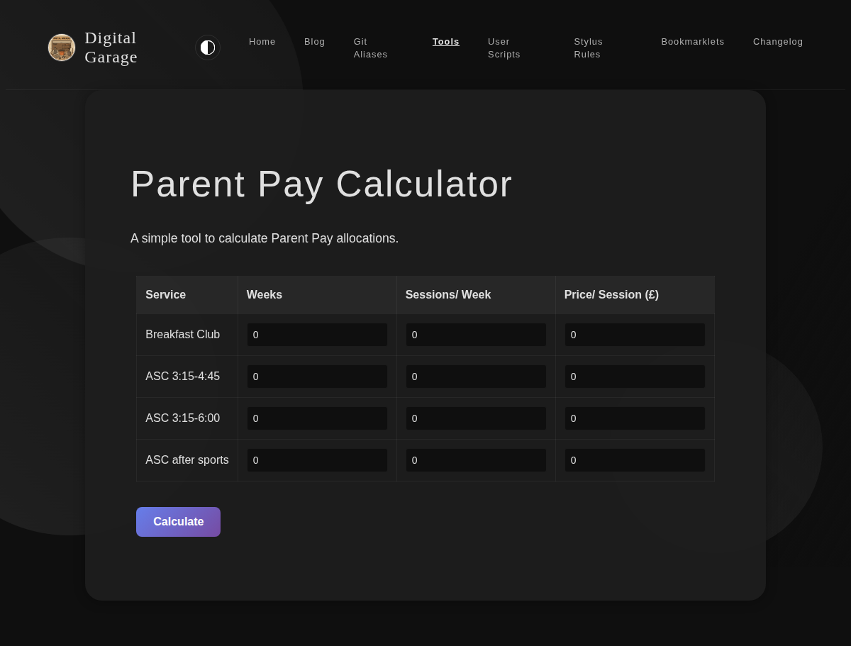Screenshot of Parent Pay Calculator v2.0.0 in dark mode