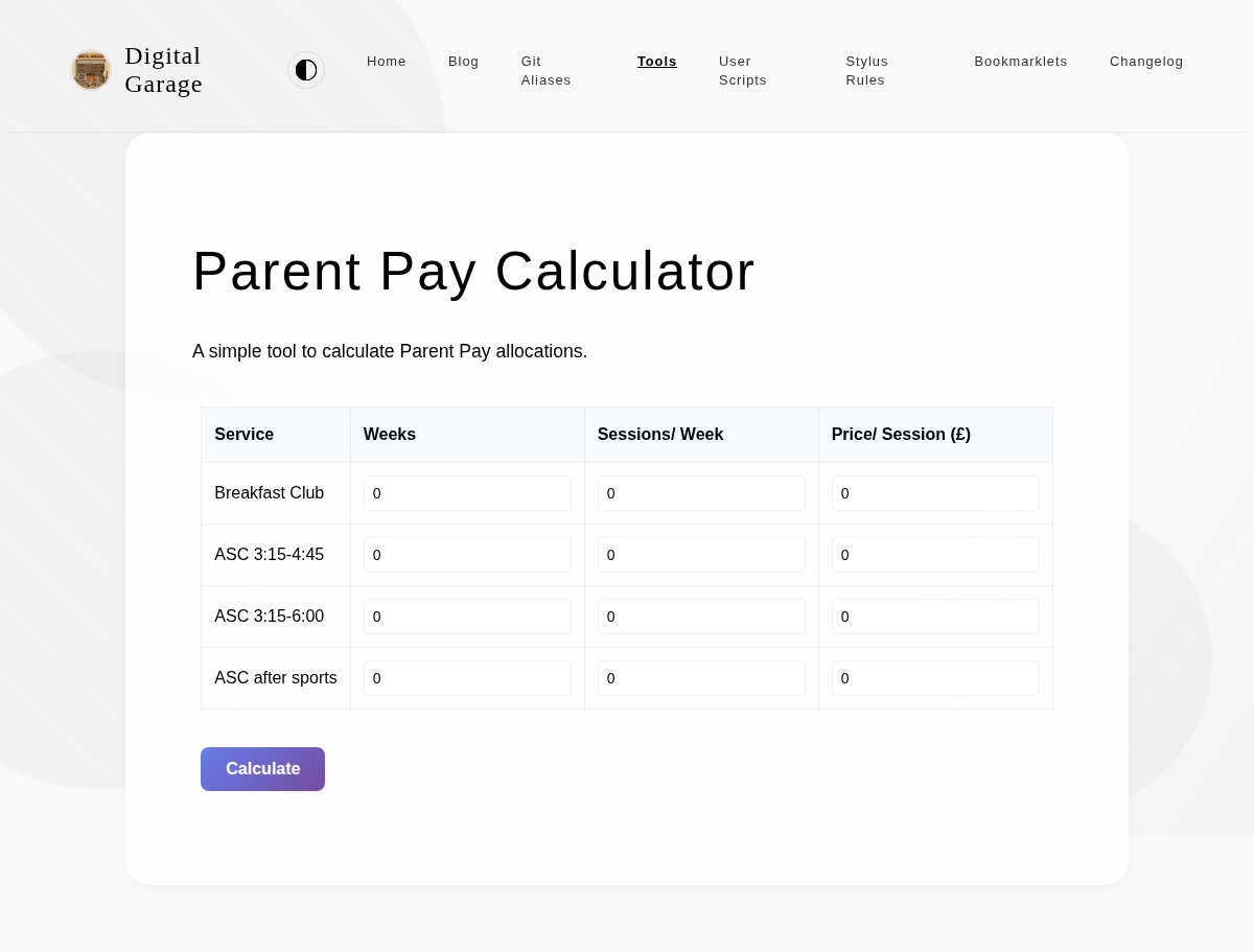 Screenshot of Parent Pay Calculator v2.0.0
