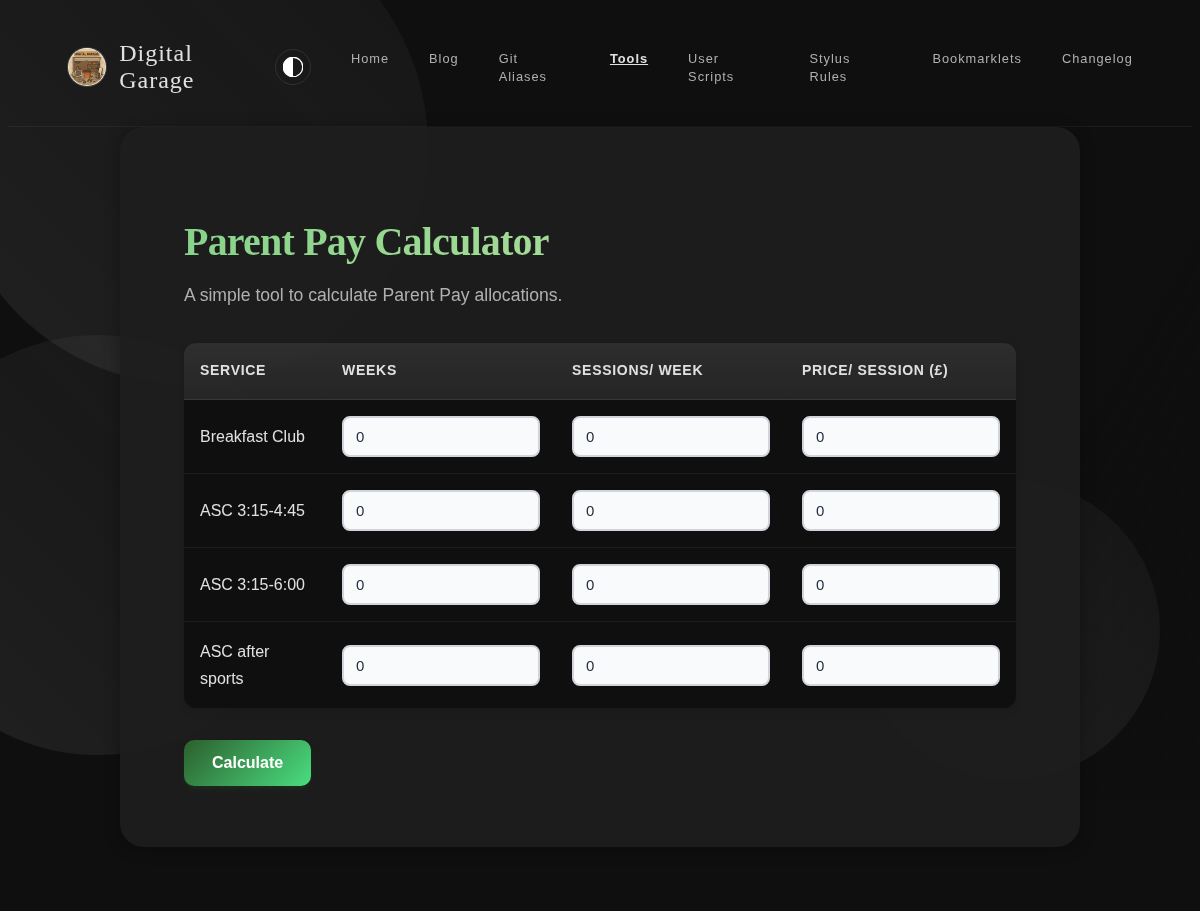 Screenshot of Parent Pay Calculator v2.1.0 in dark mode