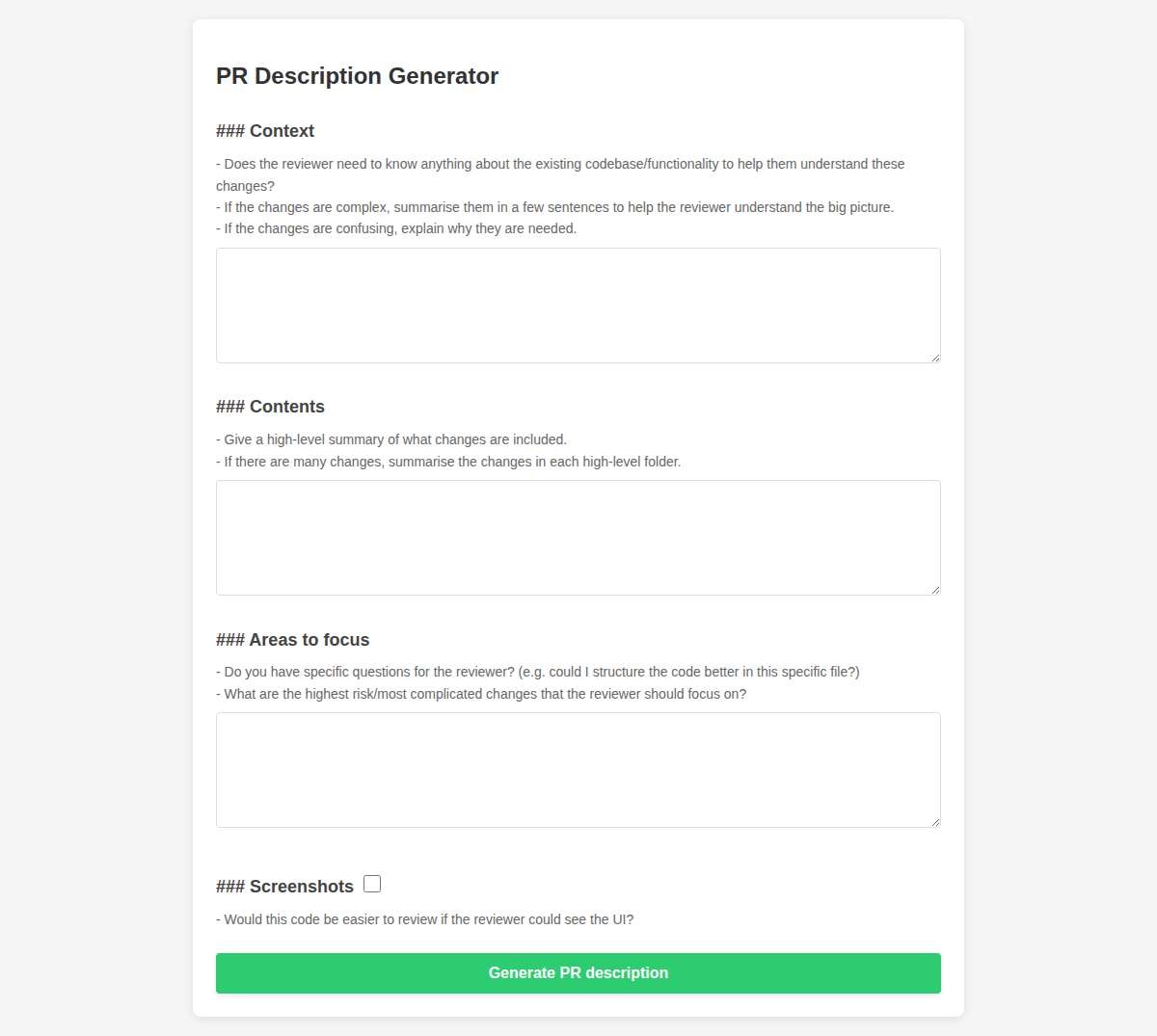 Screenshot of PR Description Generator v1.0.0