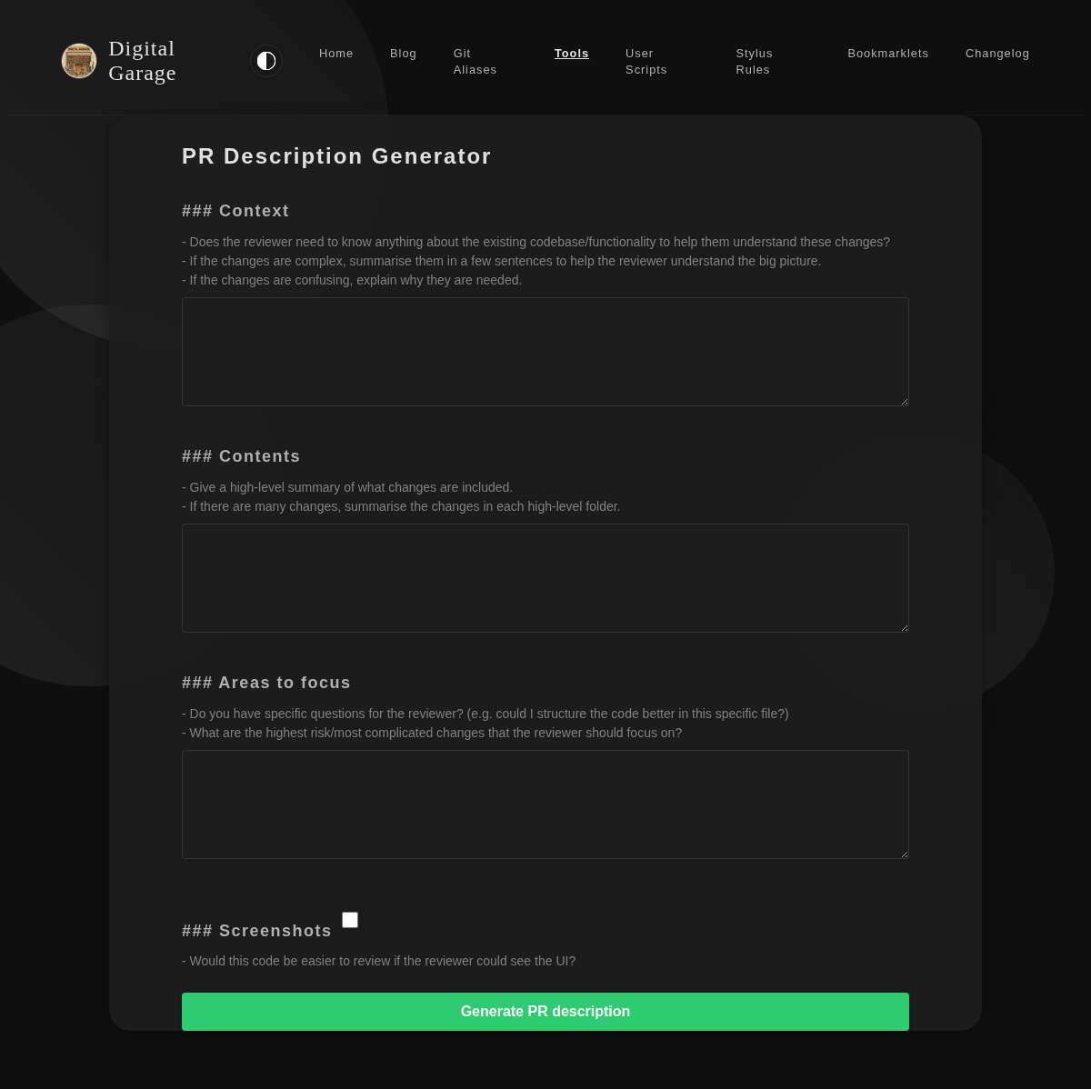 Screenshot of PR Description Generator in dark mode
