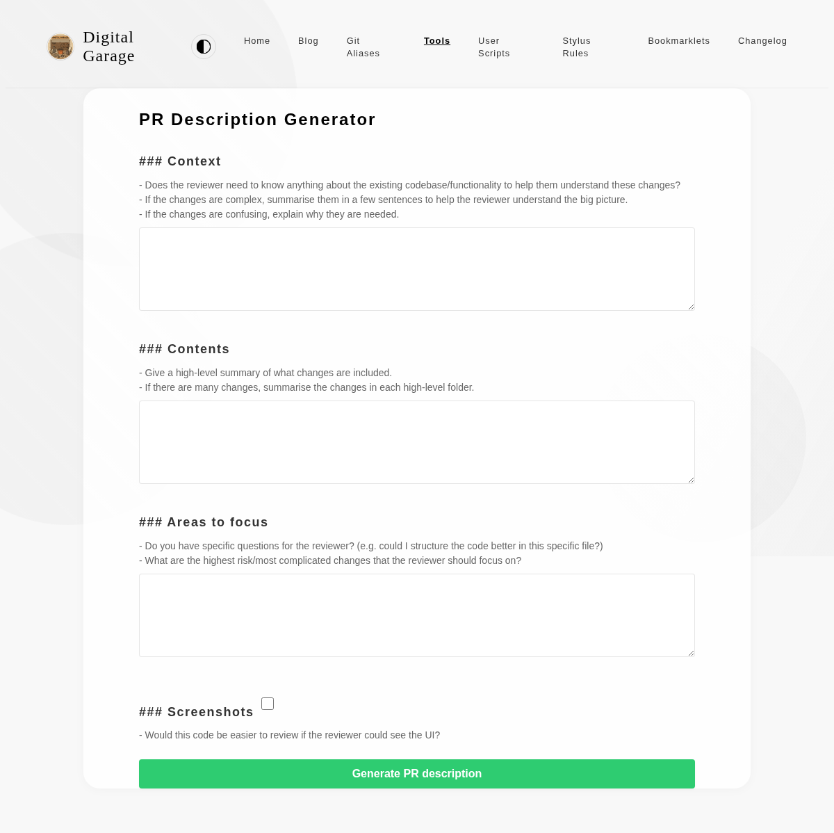Screenshot of PR Description Generator