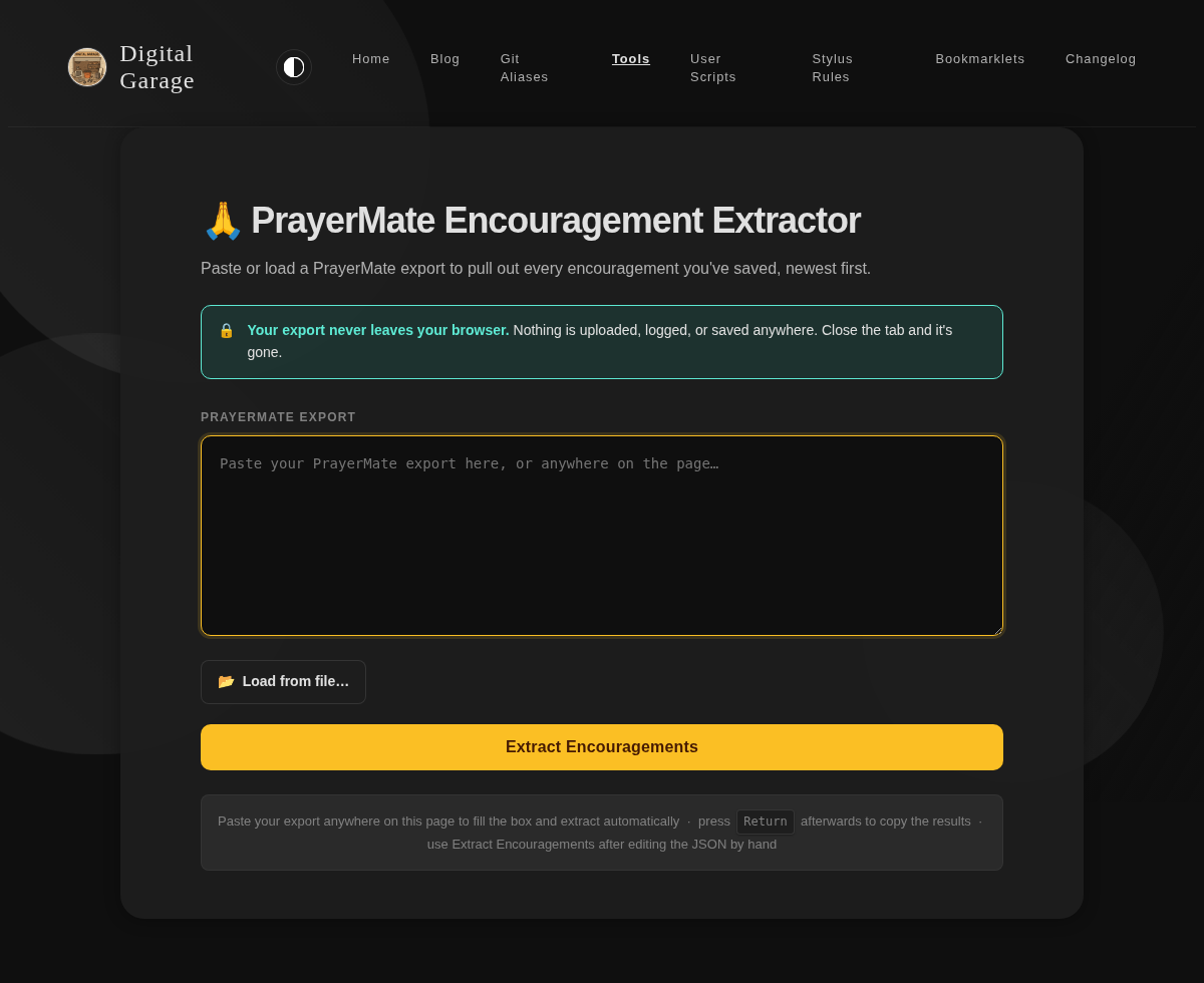 Screenshot of PrayerMate Encouragement Extractor in dark mode
