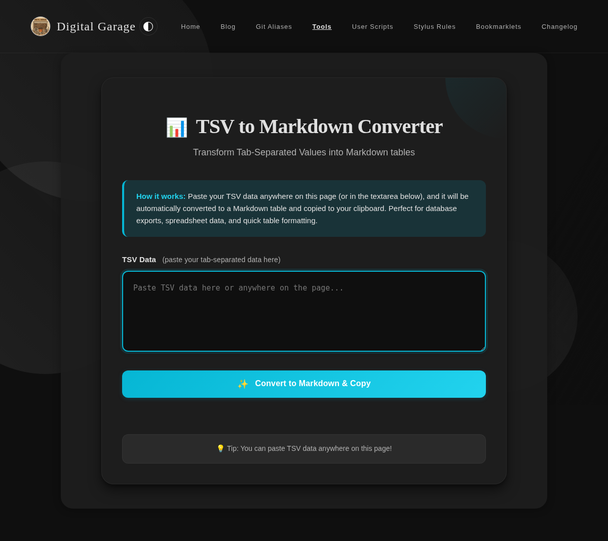 Screenshot of TSV to Markdown Converter v1.0.0 in dark mode