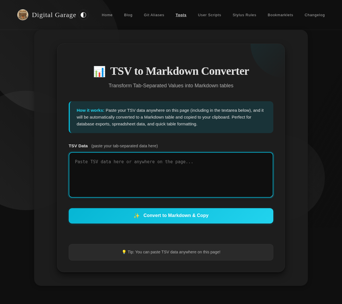Screenshot of TSV to Markdown Converter v1.1.0 in dark mode