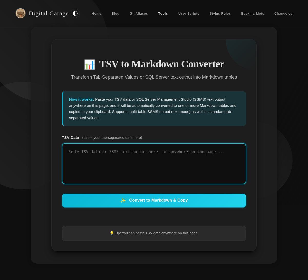 Screenshot of TSV to Markdown Converter v2.0.0 in dark mode