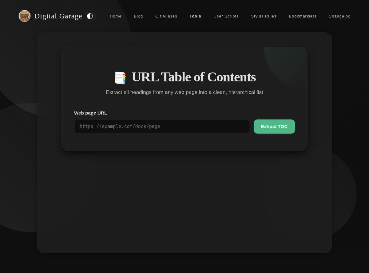 Screenshot of URL Table of Contents Extractor in dark mode