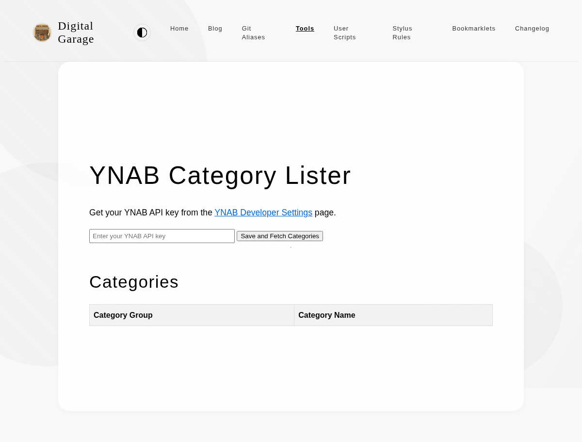 Screenshot of YNAB Category Lister v0.1.0