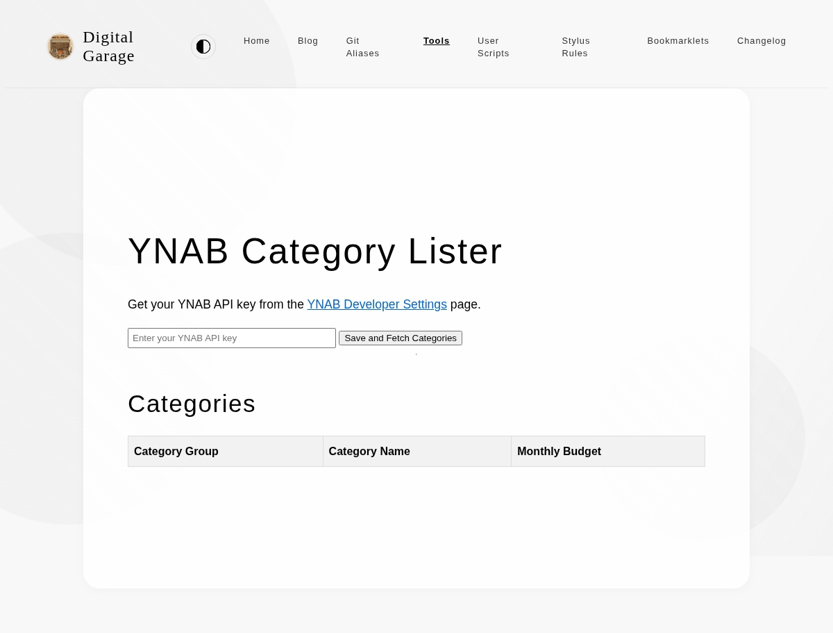Screenshot of YNAB Category Lister v0.2.0