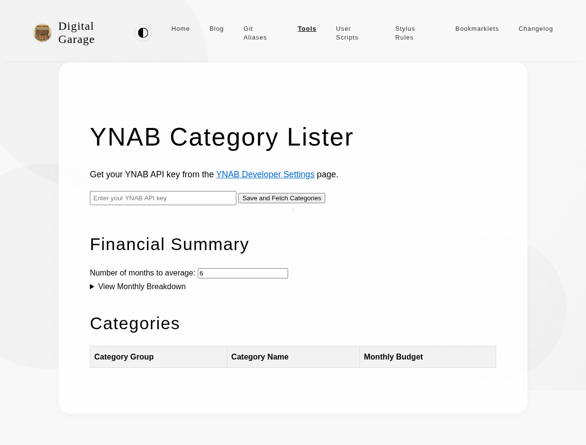 Screenshot of YNAB Category Lister v0.3.0