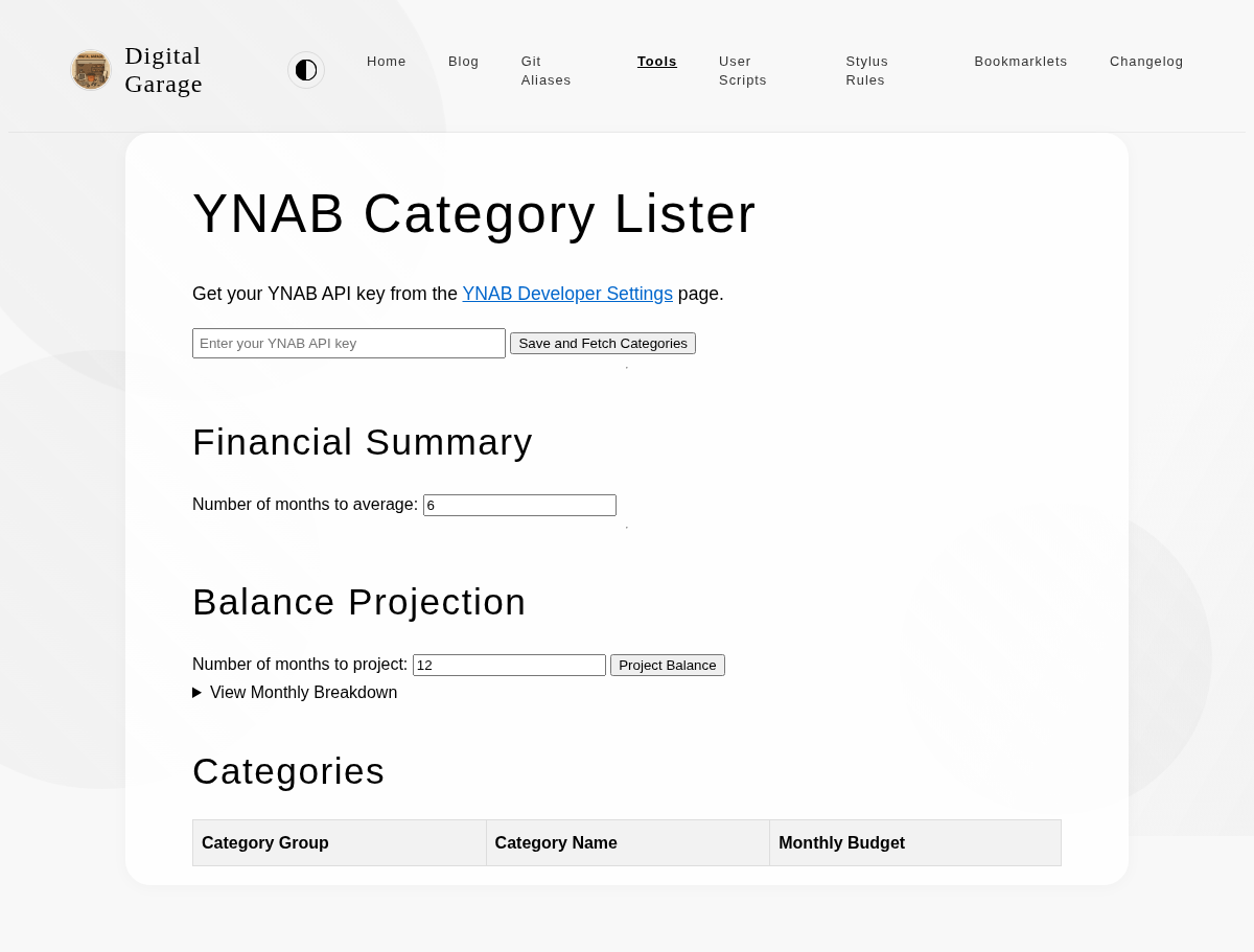 Screenshot of YNAB Category Lister v1.0.0