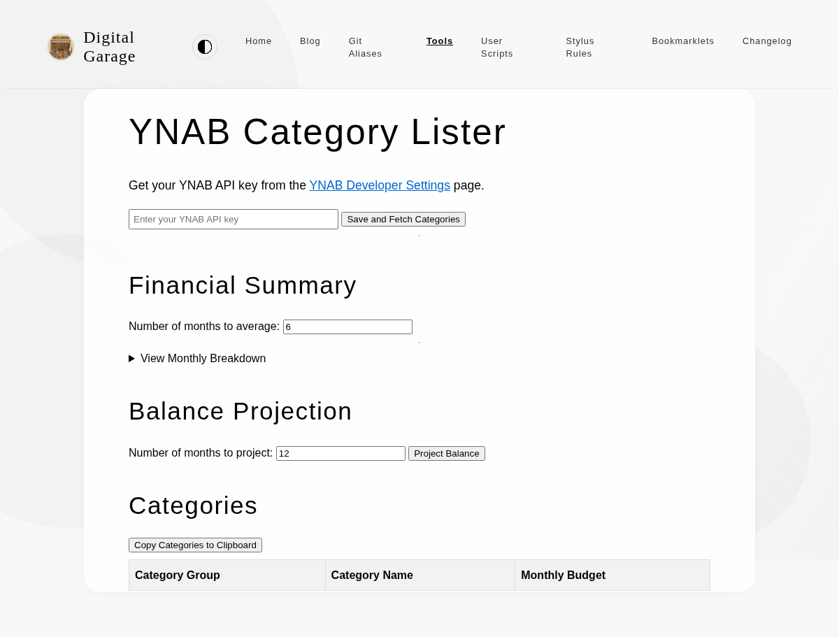 Screenshot of YNAB Category Lister v1.1.0