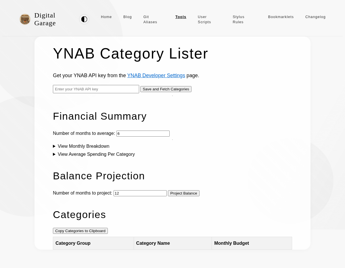 Screenshot of YNAB Category Lister v1.2.0