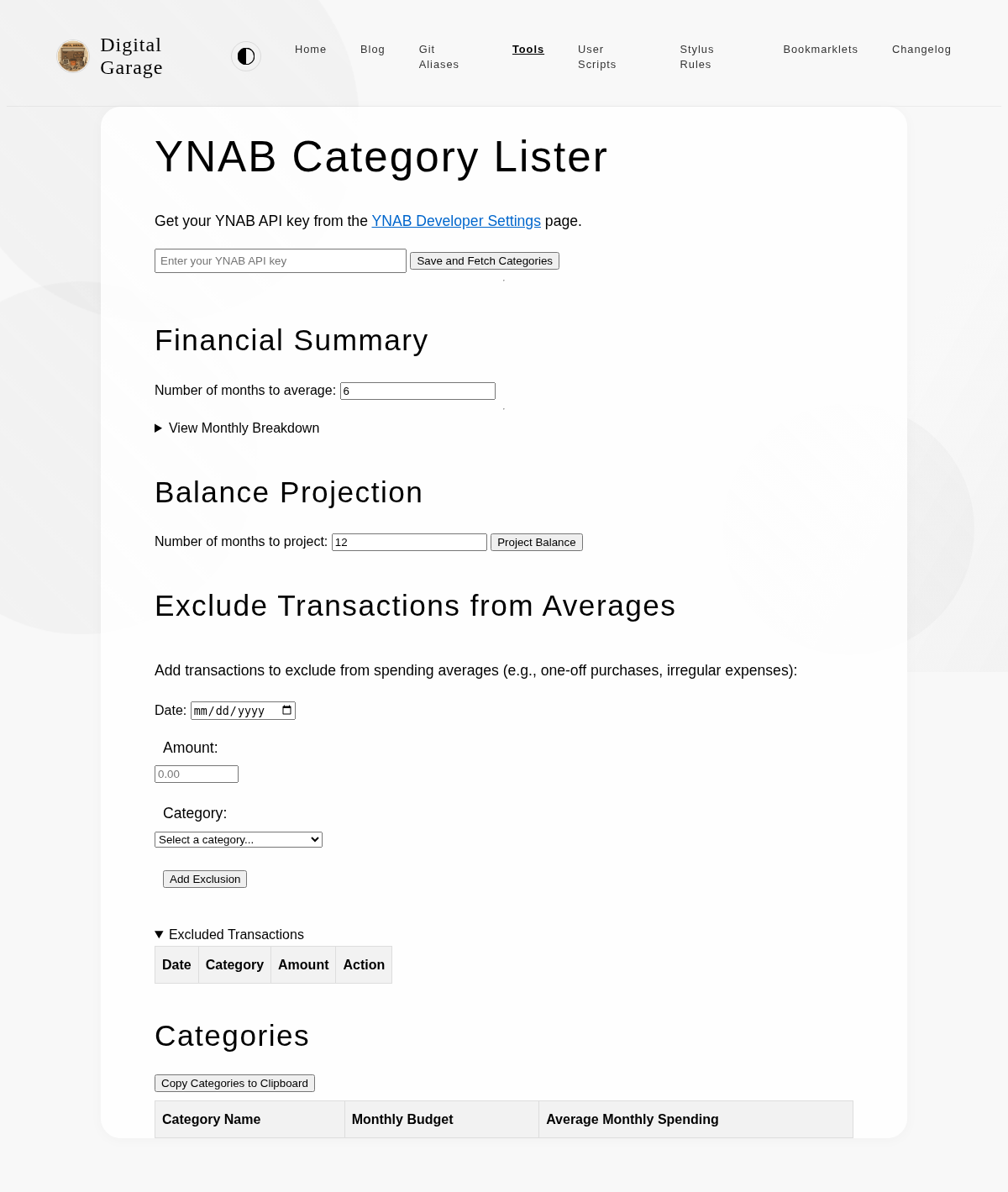 Screenshot of YNAB Category Lister v1.3.0