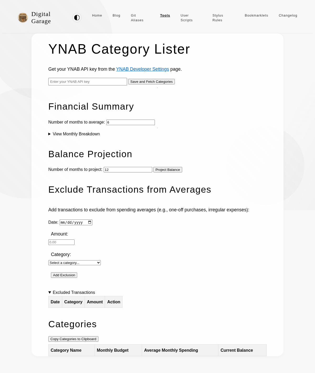 Screenshot of YNAB Category Lister v1.4.0