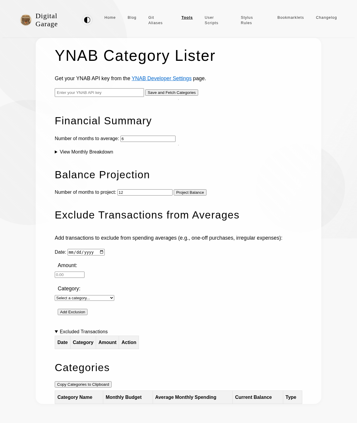 Screenshot of YNAB Category Lister v1.7.0