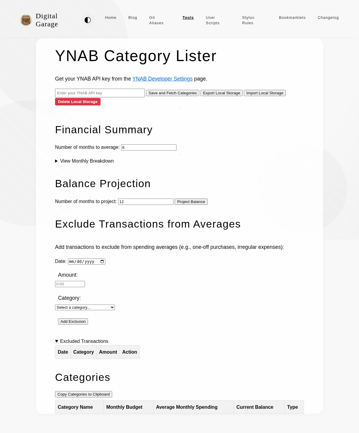 Screenshot of YNAB Category Lister